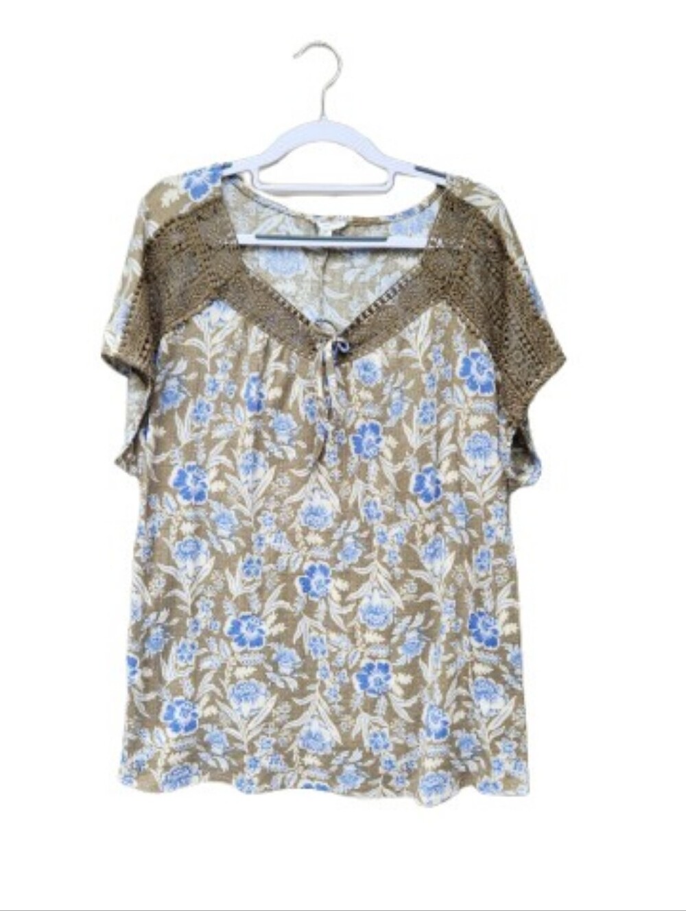 Como Blu Plus Floral Print Crepe Blouse Green Blue Crochet Lace Accents